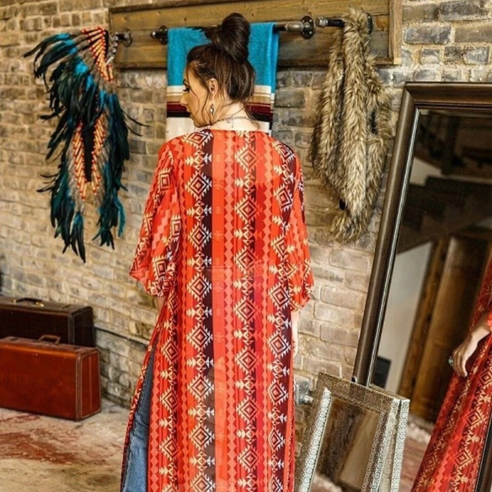 Lucky Blessed Kimono Duster 3XL Red Aztec Tribal Boho Long Festival‎ Chic - Picture 2 of 7